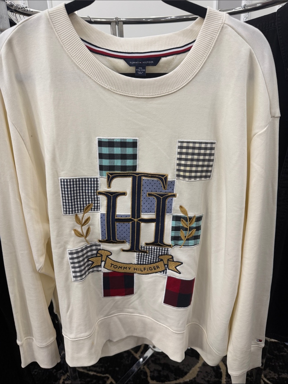 Tommy Hilfiger Cream Crewneck Sweatshirt with Multicolor Patchwork Logo